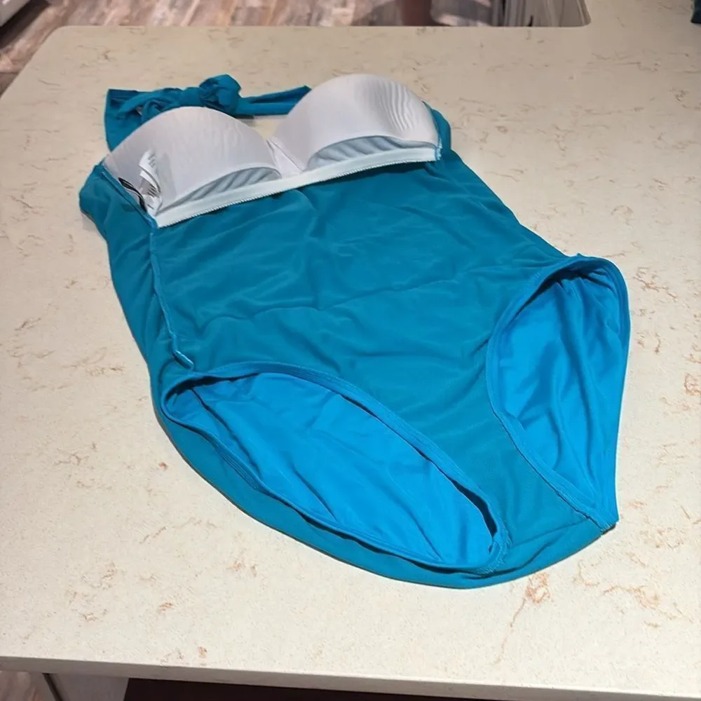 Jantzen Teal Swimsuit bejeweled chest one piece halter top SZ 16 Jeweled sequins